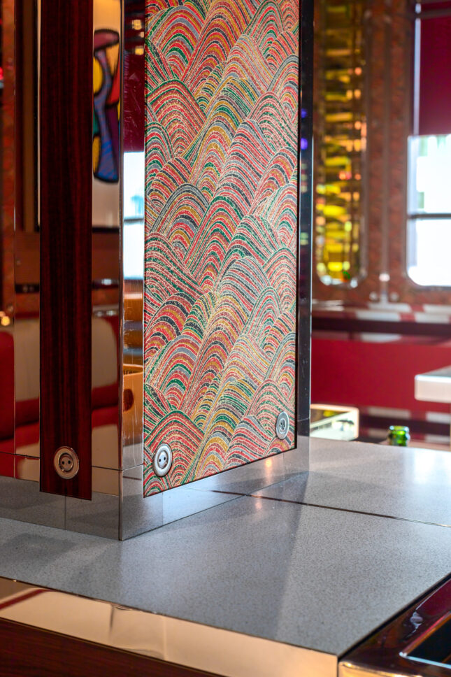 Custom kaleidoscopic wallpaper panel detail — Bob Bob Ricard City, restaurant photographer London