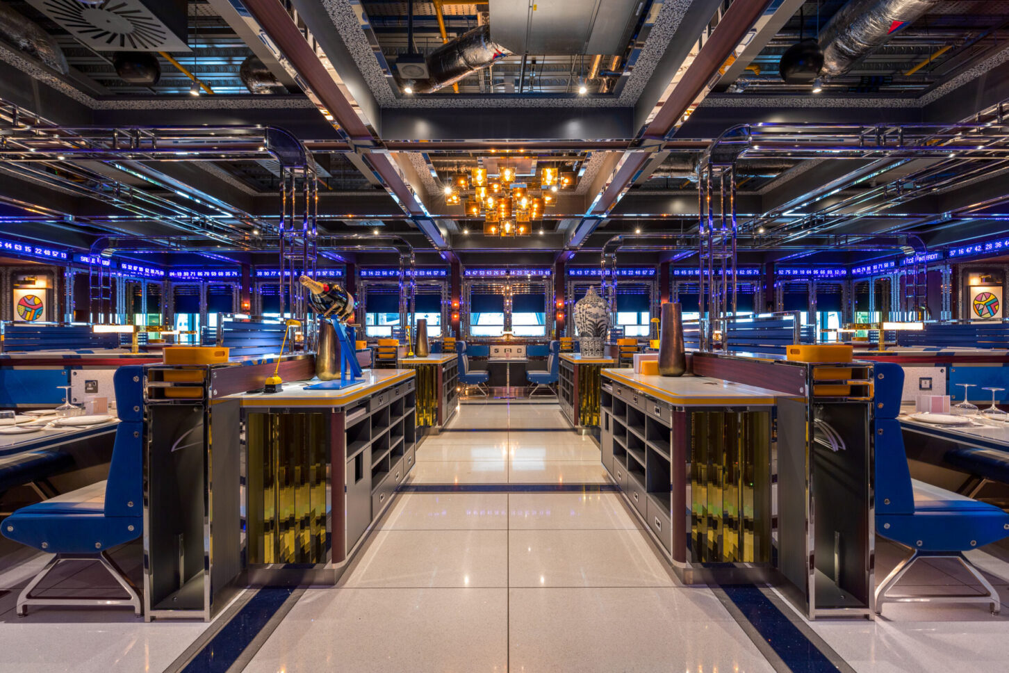 Wide dining room view with sculptural chandelier and booth seating — Bob Bob Ricard City, restaurant photographer London