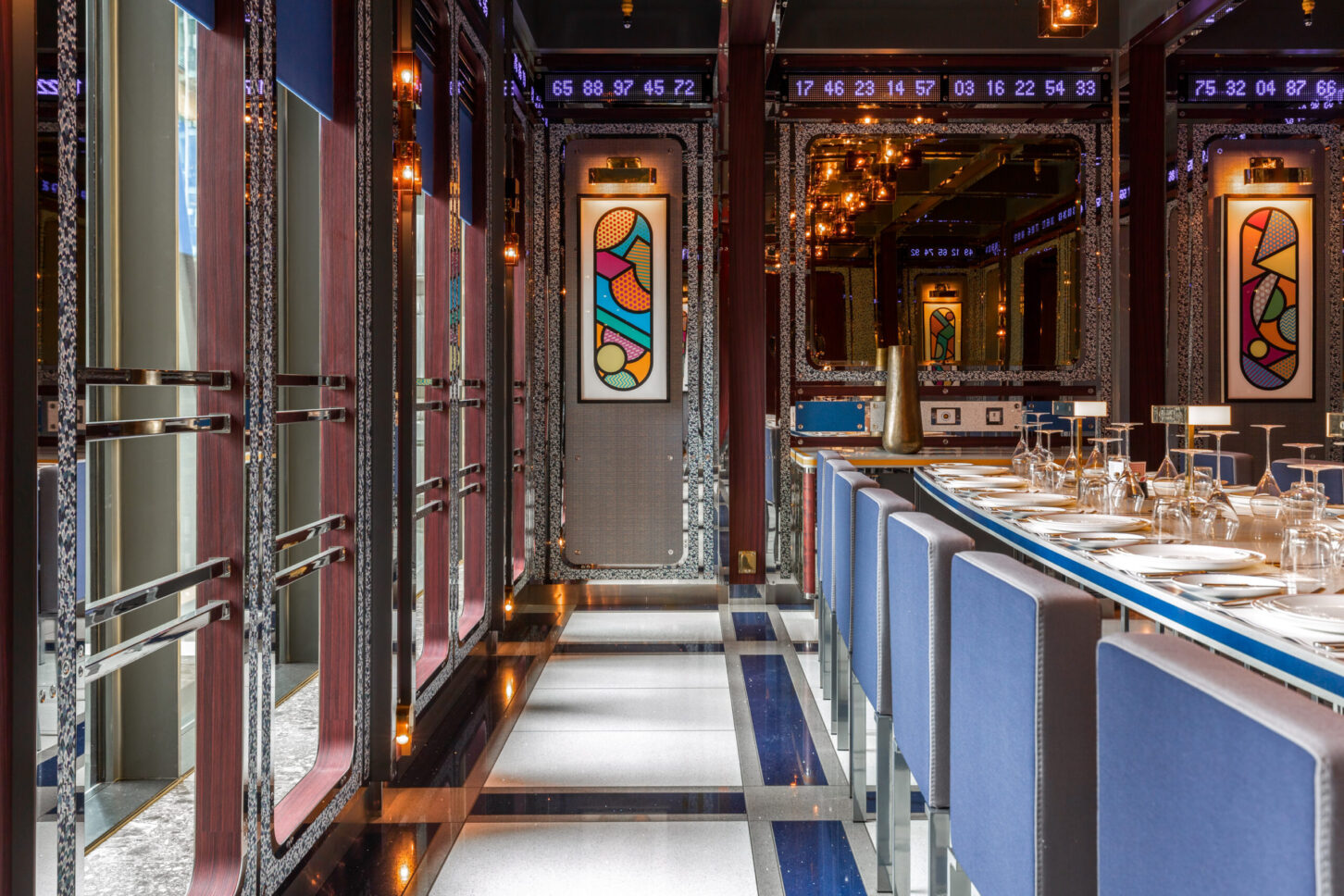 Dining corridor with mosaic panels and artwork — Bob Bob Ricard City, restaurant photographer London