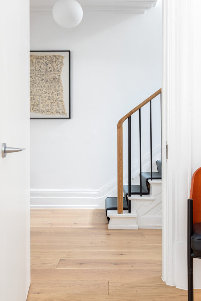 Timber staircase with wrought-iron balustrade — Hoban Design, Wimbledon Village