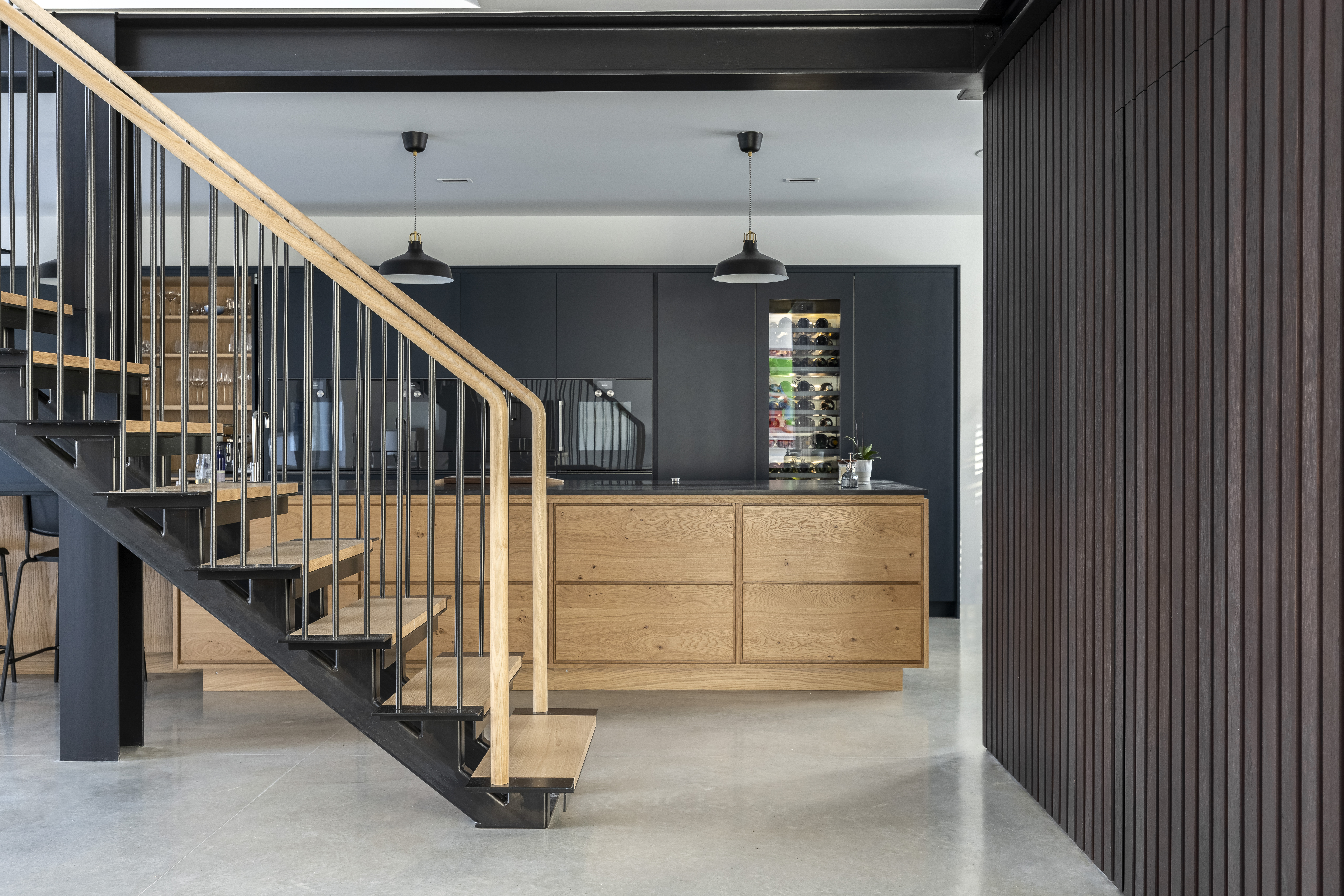 Staircase and kitchen interior — designed by Hoban Design, Wimbledon, London