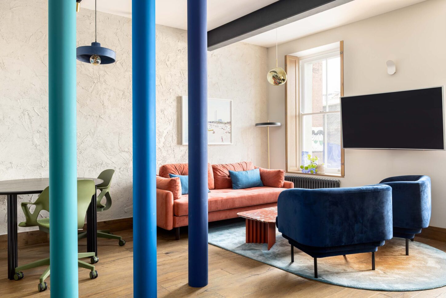 Office collaboration space with desk and lounge seating, designed by Unknown Makers — Kingsland project, London